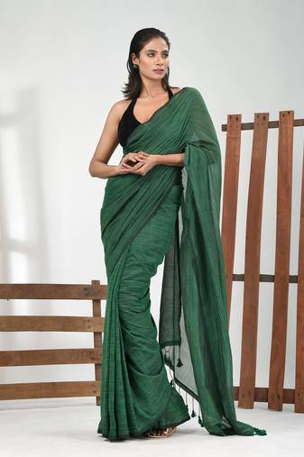 Green cotton handspun soft saree with pompom