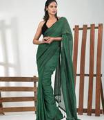 Green cotton handspun soft saree with pompom