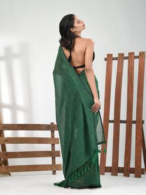 Green cotton handspun soft saree with pompom 3