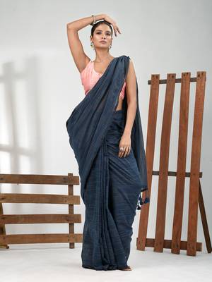 Grey cotton handspun soft saree with pompom 1