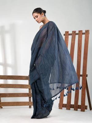 Grey cotton handspun soft saree with pompom 2
