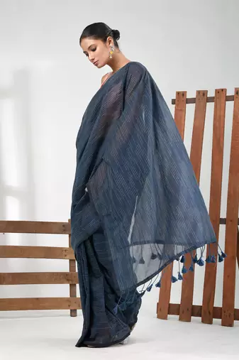 Grey cotton handspun soft saree with pompom