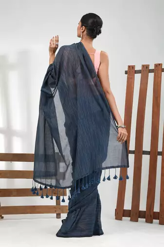 Grey cotton handspun soft saree with pompom
