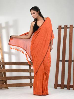 Orange cotton handspun soft saree with pompom 1