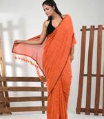 Orange cotton handspun soft saree with pompom