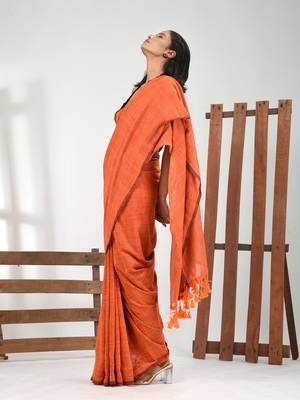Orange cotton handspun soft saree with pompom 2