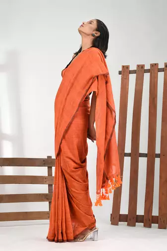Orange cotton handspun soft saree with pompom