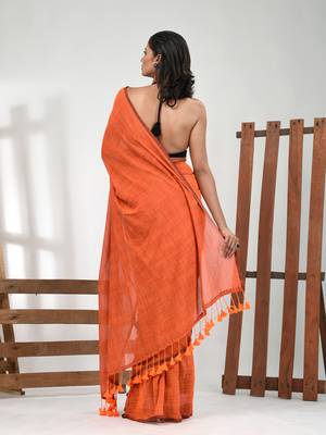 Orange cotton handspun soft saree with pompom 3