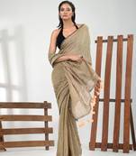 Beige cotton handspun soft saree with pompom
