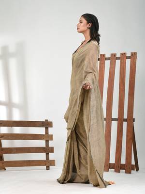 Beige cotton handspun soft saree with pompom 2