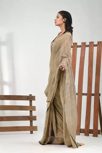 Beige cotton handspun soft saree with pompom