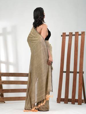Beige cotton handspun soft saree with pompom 3