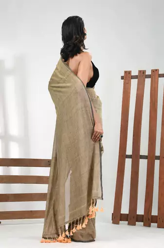 Beige cotton handspun soft saree with pompom