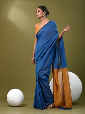 Sapphire blue cotton handspun soft saree with contrast mustard pallu 1