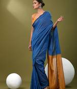 Sapphire blue cotton handspun soft saree with contrast mustard pallu