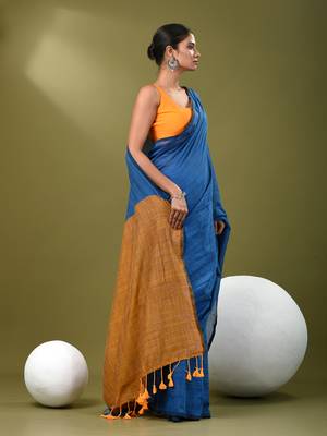 Sapphire blue cotton handspun soft saree with contrast mustard pallu 2