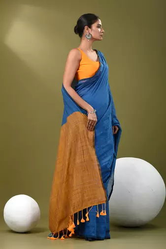 Sapphire blue cotton handspun soft saree with contrast mustard pallu