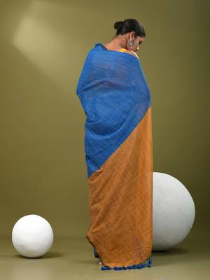 Sapphire blue cotton handspun soft saree with contrast mustard pallu 3