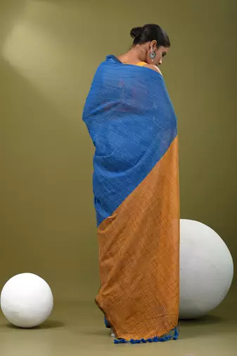 Sapphire blue cotton handspun soft saree with contrast mustard pallu
