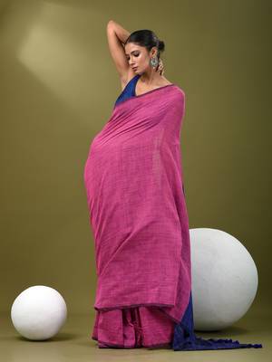 Pink cotton handspun soft saree with contrast blue pallu 1