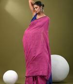 Pink cotton handspun soft saree with contrast blue pallu