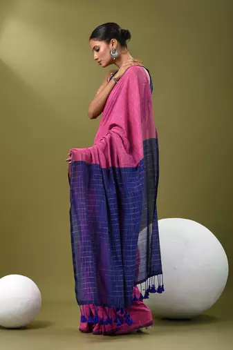 Pink cotton handspun soft saree with contrast blue pallu