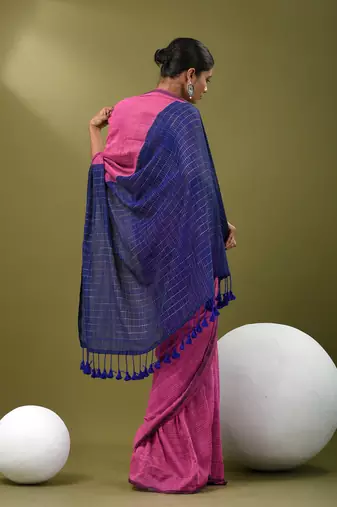 Pink cotton handspun soft saree with contrast blue pallu