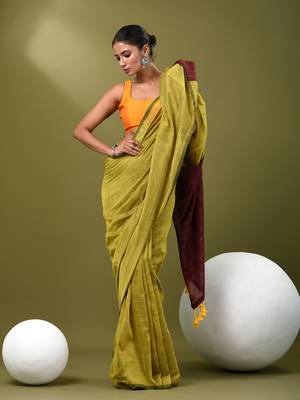 Lime yellow cotton handspun soft saree with contrast maroon pallu 1