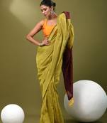 Lime yellow cotton handspun soft saree with contrast maroon pallu