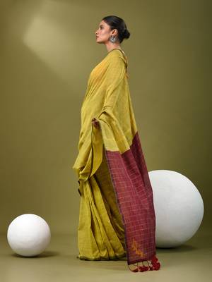 Lime yellow cotton handspun soft saree with contrast maroon pallu 2