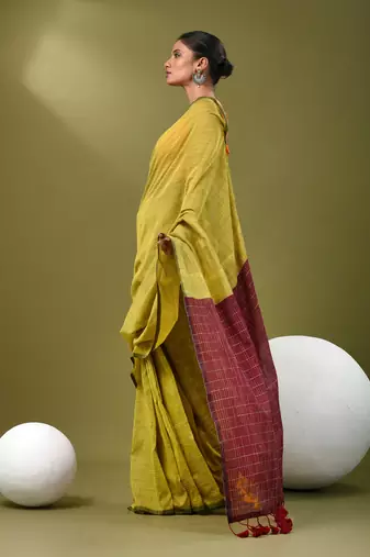 Lime yellow cotton handspun soft saree with contrast maroon pallu