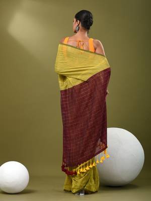 Lime yellow cotton handspun soft saree with contrast maroon pallu 3