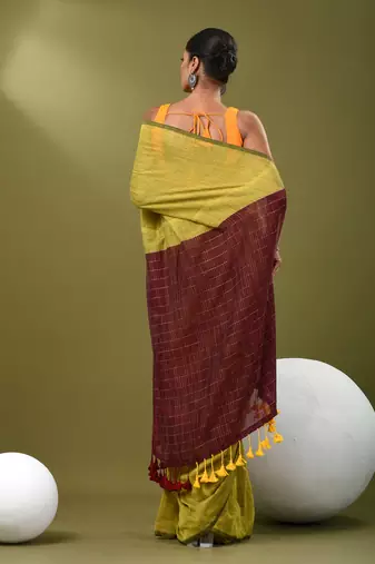 Lime yellow cotton handspun soft saree with contrast maroon pallu