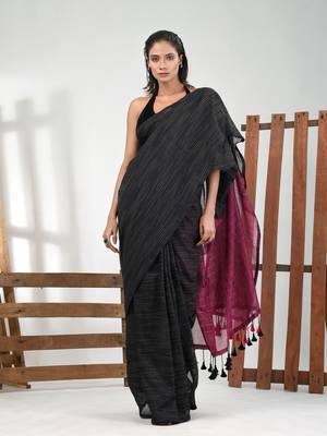 Black cotton handspun soft saree with contrast magenta pallu 1