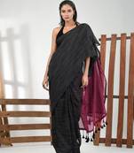 Black cotton handspun soft saree with contrast magenta pallu