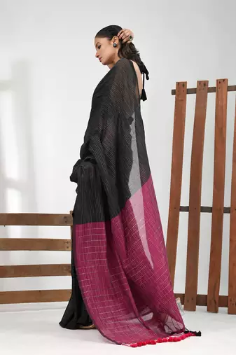 Black cotton handspun soft saree with contrast magenta pallu