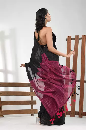 Black cotton handspun soft saree with contrast magenta pallu