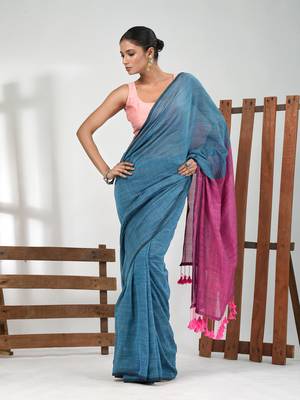Blue cotton handspun soft saree with contrast pink pallu 1