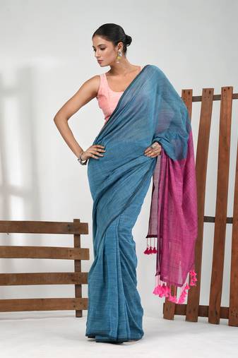 Blue cotton handspun soft saree with contrast pink pallu
