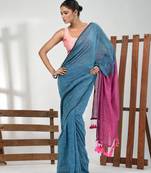 Blue cotton handspun soft saree with contrast pink pallu