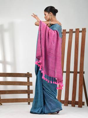 Blue cotton handspun soft saree with contrast pink pallu 2