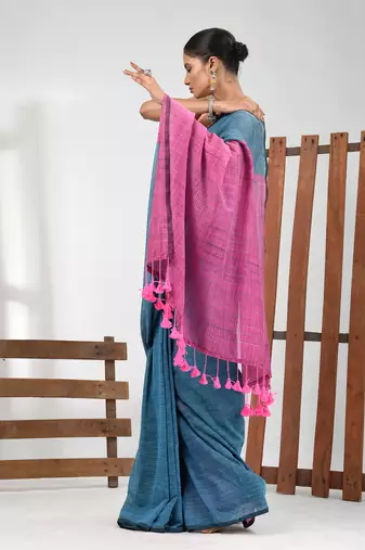 Blue cotton handspun soft saree with contrast pink pallu