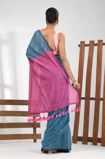 Blue cotton handspun soft saree with contrast pink pallu