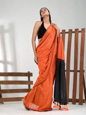 Orange cotton handspun soft saree with contrast black pallu 1