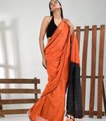 Orange cotton handspun soft saree with contrast black pallu