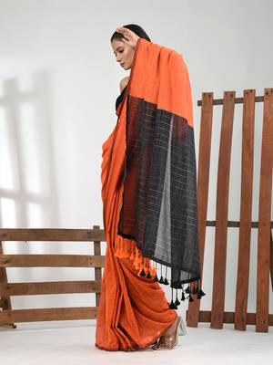 Orange cotton handspun soft saree with contrast black pallu 2