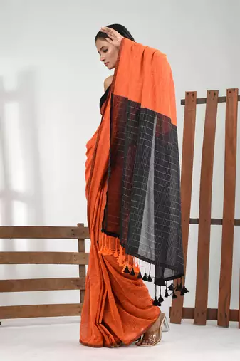 Orange cotton handspun soft saree with contrast black pallu