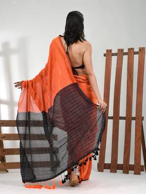 Orange cotton handspun soft saree with contrast black pallu 3