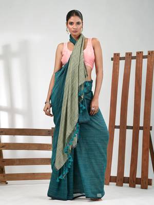 Teal cotton handspun soft saree with contrast ecru pallu 1