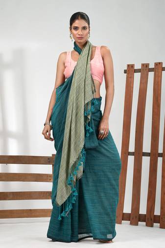 Teal cotton handspun soft saree with contrast ecru pallu